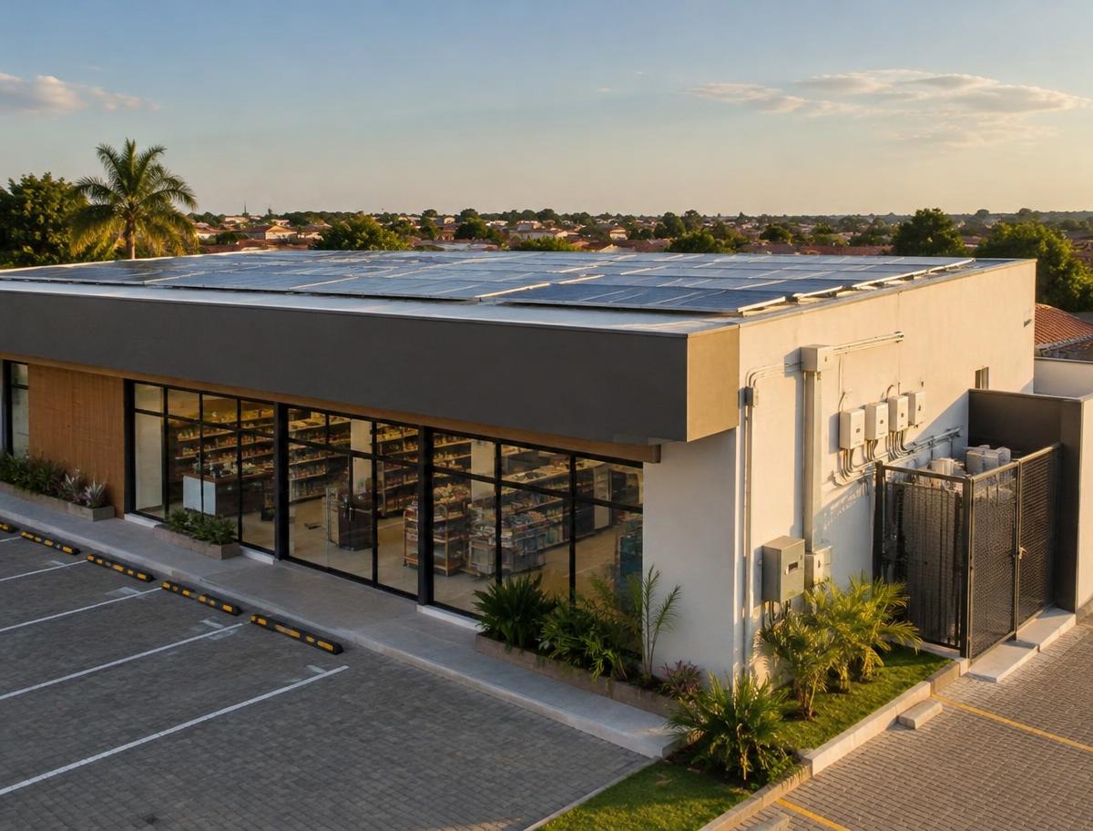 Estabelecimento comercial com painéis solares no telhado